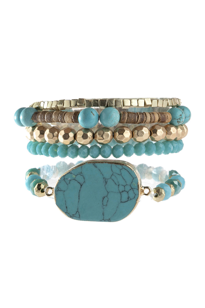 Turquoise Mixed Beads With Stone Charm Bracelet - Pack of 6