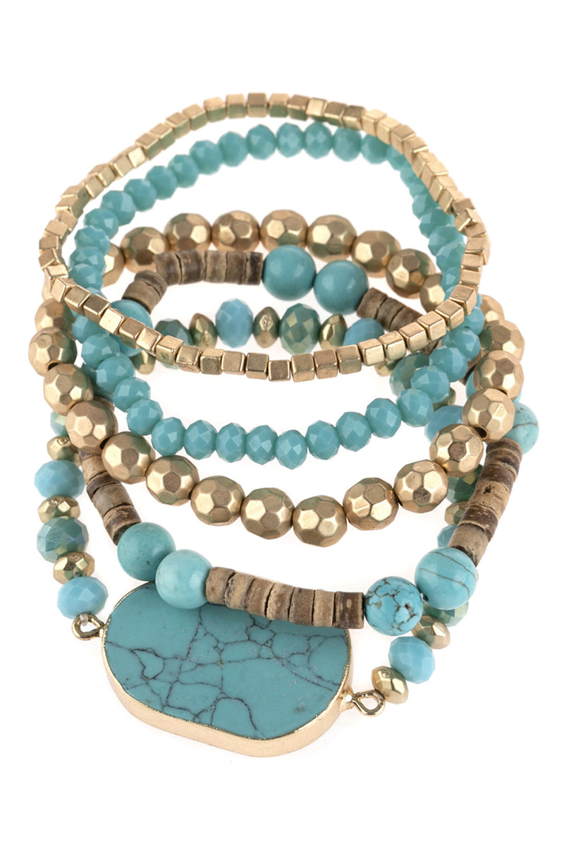 Turquoise Mixed Beads With Stone Charm Bracelet - Pack of 6