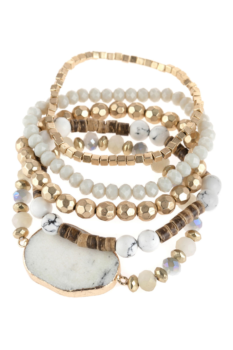 White Mixed Beads With Stone Charm Bracelet - Pack of 6