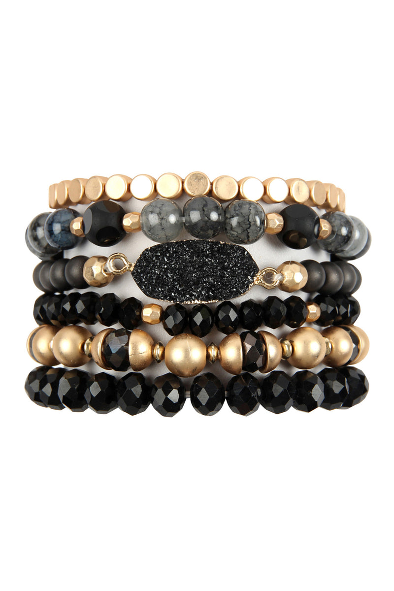 Black Multi Line Druzy Stone Charm Bracelet - Pack of 6