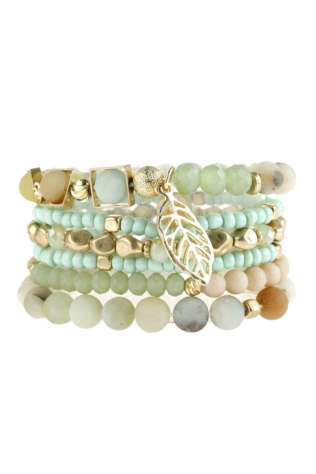 Amazonite Natural Stone Mixed Beads Leaf Charm Bracelet - Pack of 6