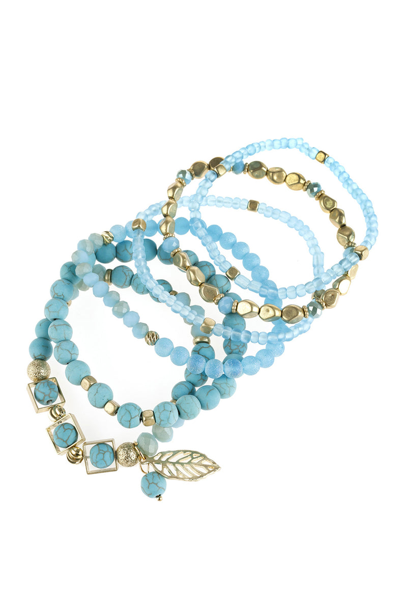 Turquoise Natural Stone Mixed Beads Leaf Charm Bracelet - Pack of 6