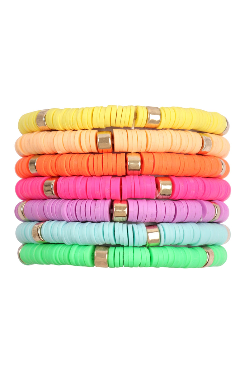 Multi Line Leather Beaded Stretch Bracelet Neon Multi - Pack of 6