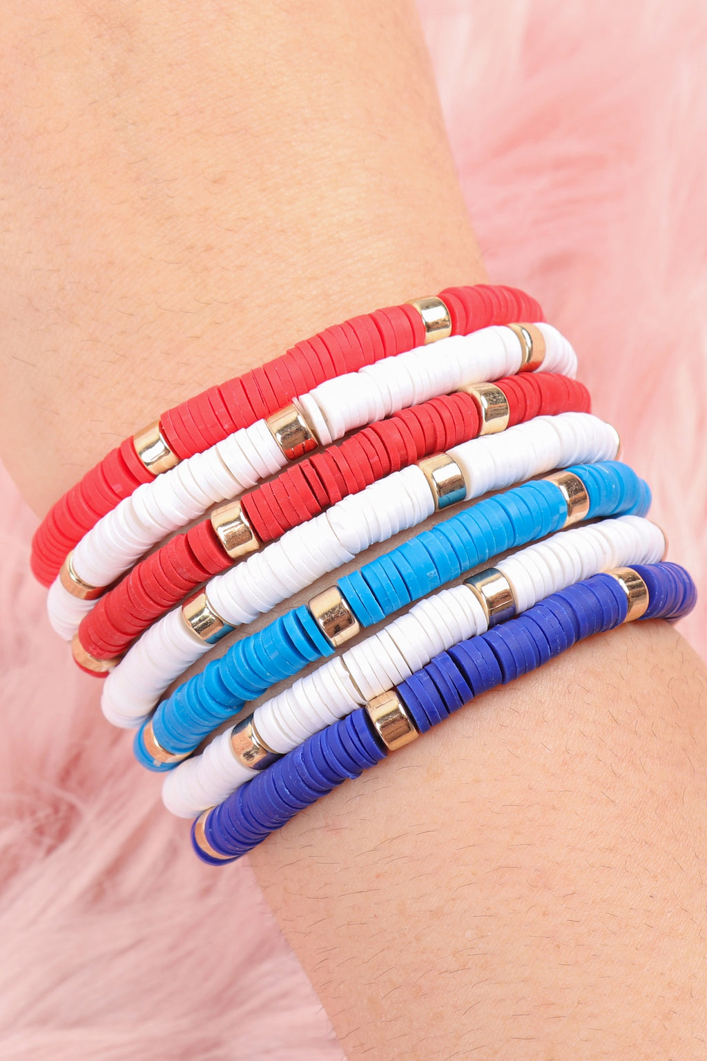 Multi Line Leather Beaded Stretch Bracelet USA - Pack of 6