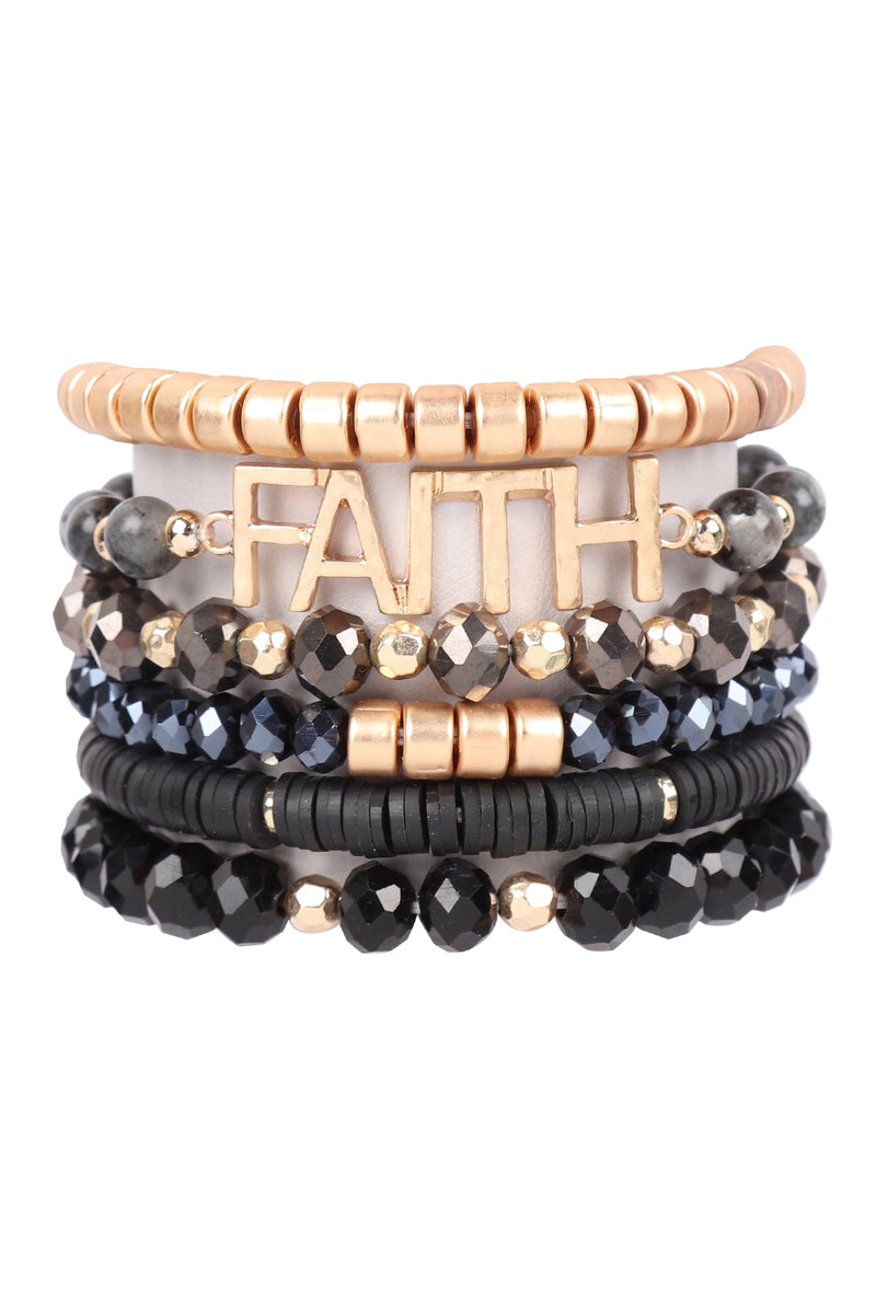 Mix Beads Faith Charm Bracelet Black - Pack of 6