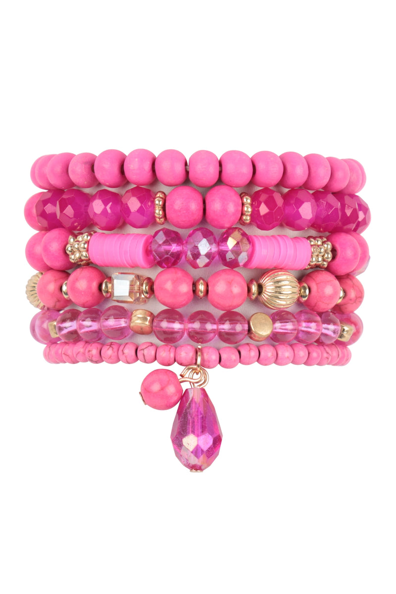 Mix Beads Natural Stone Wood Charm Stretch Bracelet Set Fuchsia - Pack of 6