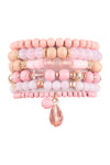 Mix Beads Natural Stone Wood Charm Stretch Bracelet Set Fuchsia - Pack of 6