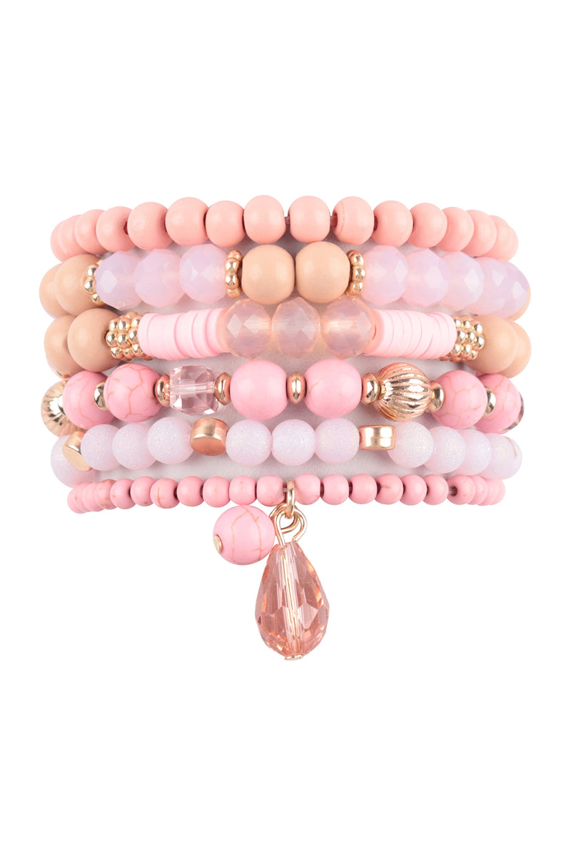 Mix Beads Natural Stone Wood Charm Stretch Bracelet Set Pink - Pack of 6