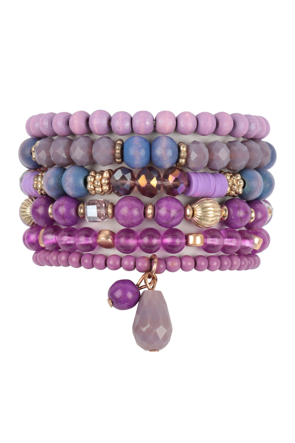 Mix Beads Natural Stone Wood Charm Stretch Bracelet Set Purple - Pack of 6