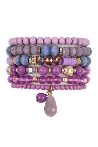 Mix Beads Natural Stone Wood Charm Stretch Bracelet Set Fuchsia - Pack of 6