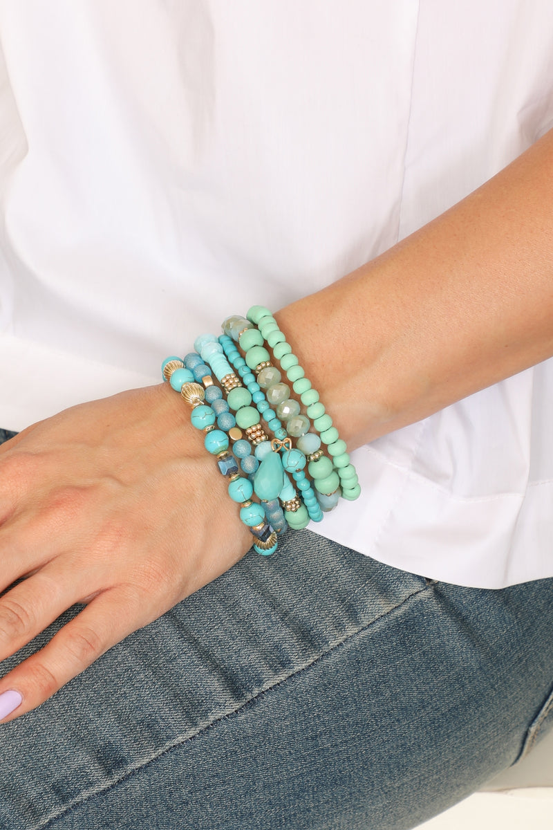 Mix Beads Natural Stone Wood Charm Stretch Bracelet Set Turquoise - Pack of 6