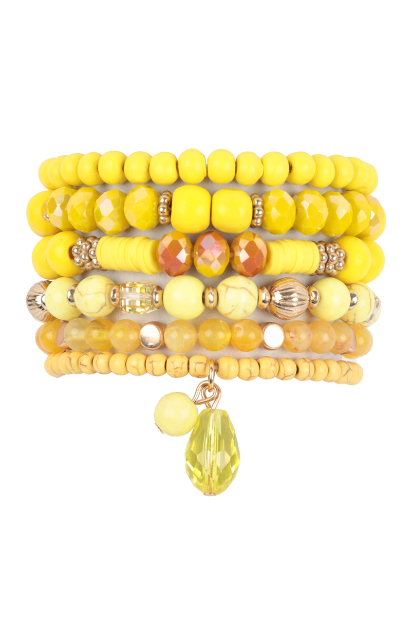 Mix Beads Natural Stone Wood Charm Stretch Bracelet Set Yellow - Pack of 6