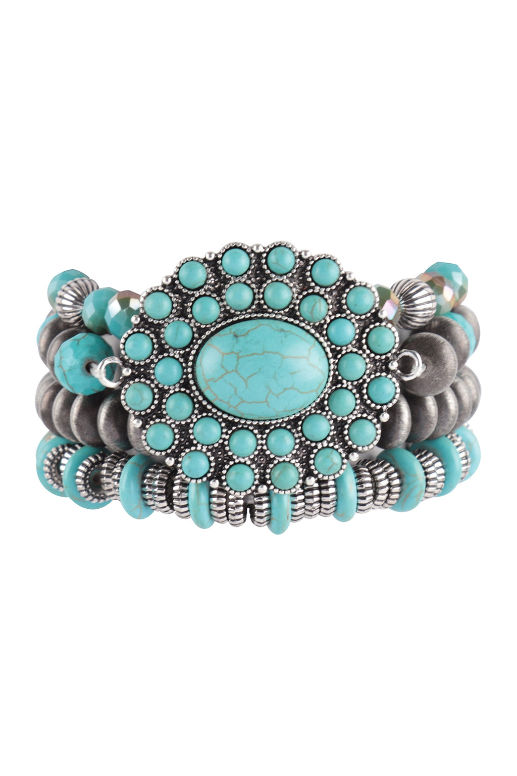 4 Lines Western Concho Antique Natural Stone Turquoise Stretch Bracelet Set - Pack of 6