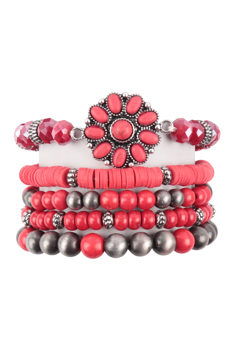 5 Lines Western Concho Flower Stone Bracelet Red - Pack of 6