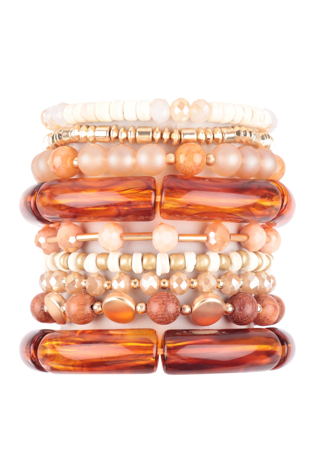 Mix Beads, Tubular, Wood, Rondelle, Charm Versatile Stretch Bracelet Natural - Pack of 6