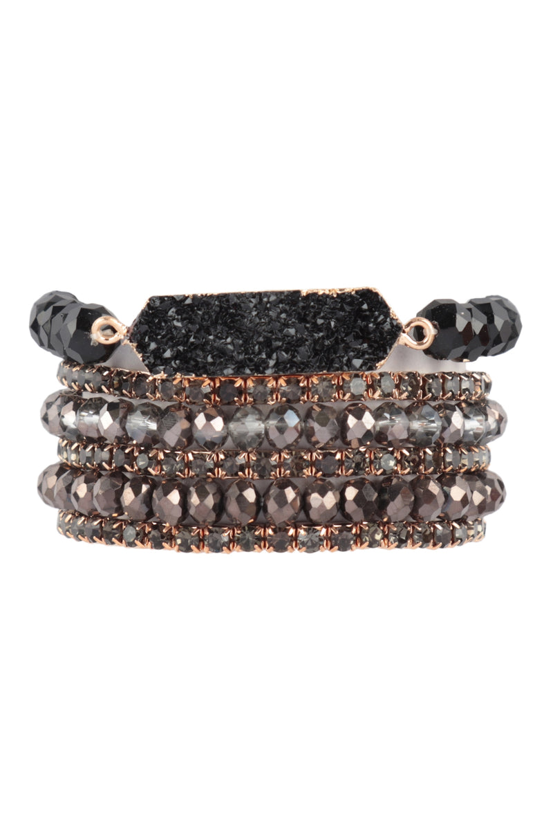 Druzy, Rhinestone, Rondelle Beads Mix Stackable Bracelet Black - Pack of 6