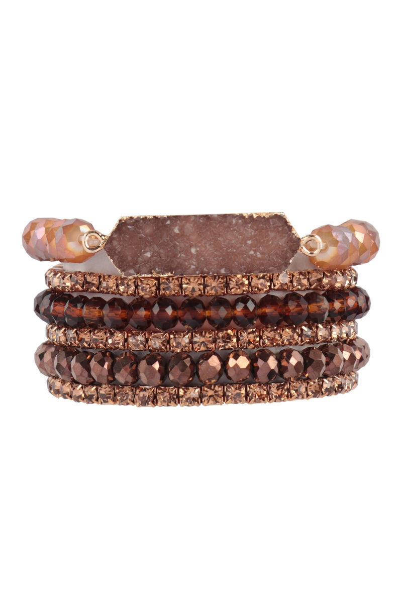 Druzy, Rhinestone, Rondelle Beads Mix Stackable Bracelet Brown - Pack of 6