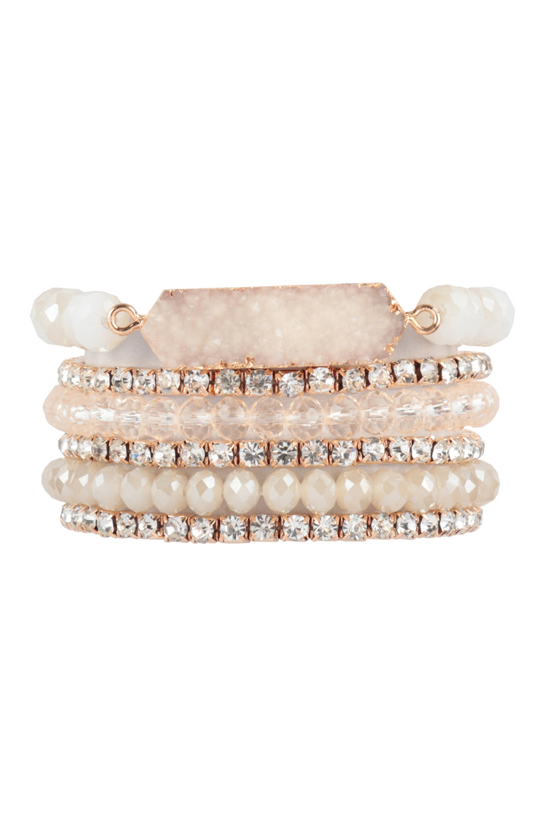 Druzy, Rhinestone, Rondelle Beads Mix Stackable Bracelet Ivory - Pack of 6