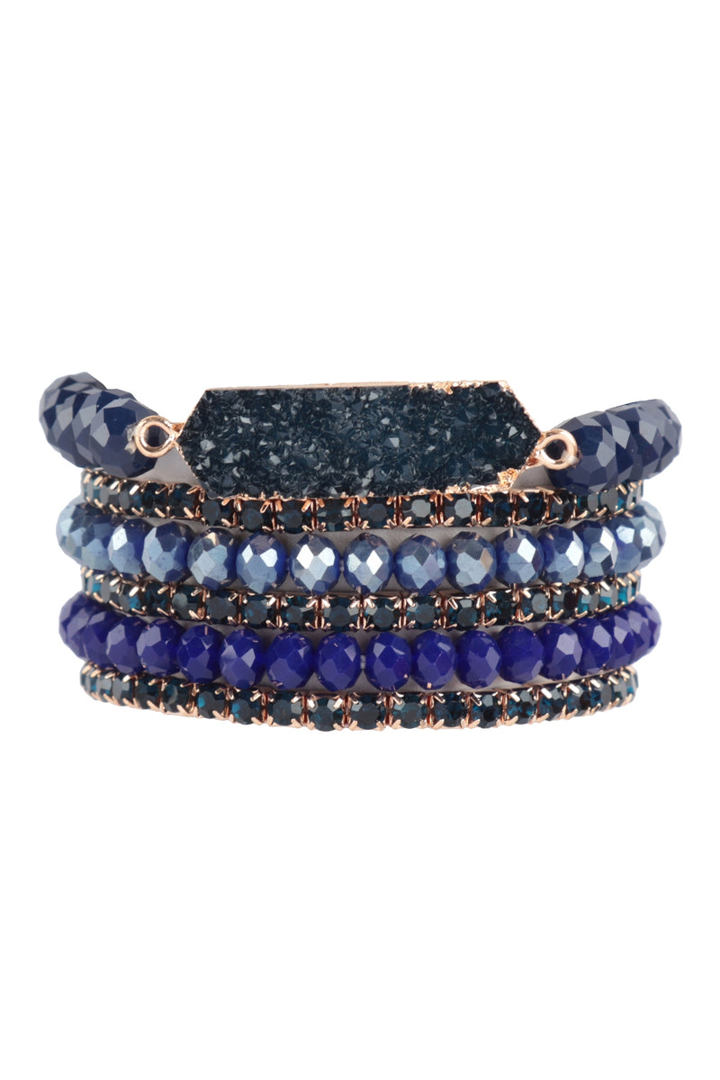 Druzy, Rhinestone, Rondelle Beads Mix Stackable Bracelet Navy - Pack of 6