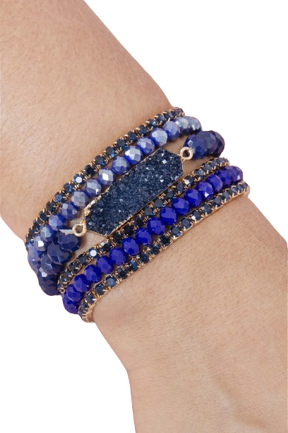 Druzy, Rhinestone, Rondelle Beads Mix Stackable Bracelet Navy - Pack of 6