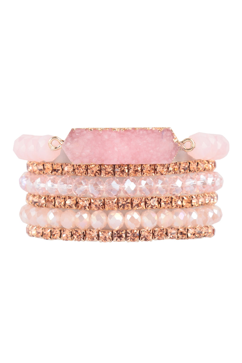 Druzy, Rhinestone, Rondelle Beads Mix Stackable Bracelet Pink - Pack of 6