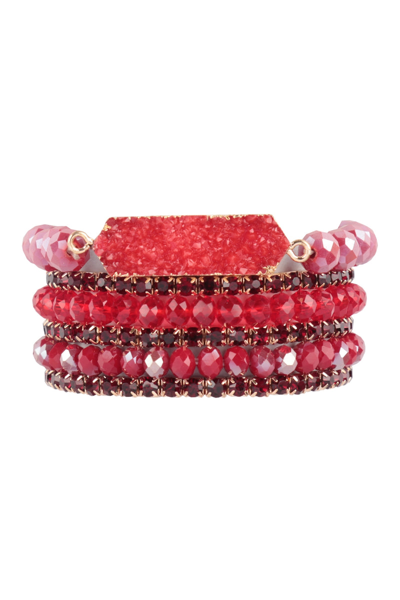 Druzy, Rhinestone, Rondelle Beads Mix Stackable Bracelet Red - Pack of 6