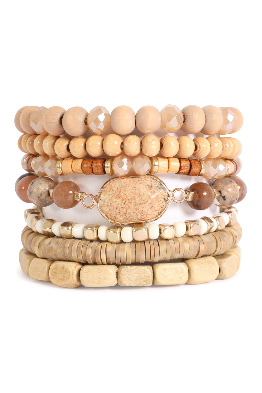 Charm Layered Wood, FIMO, Rondelle Mix Beads Stackable Bracelet Brown - Pack of 6