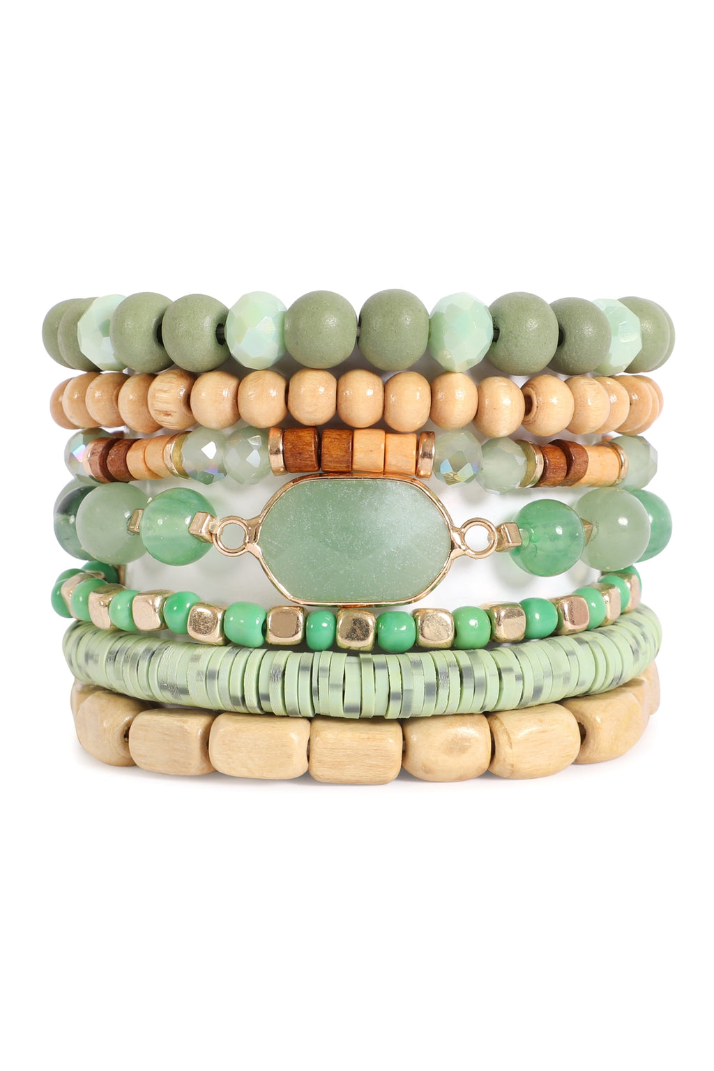 Charm Layered Wood, FIMO, Rondelle Mix Beads Stackable Bracelet Green - Pack of 6