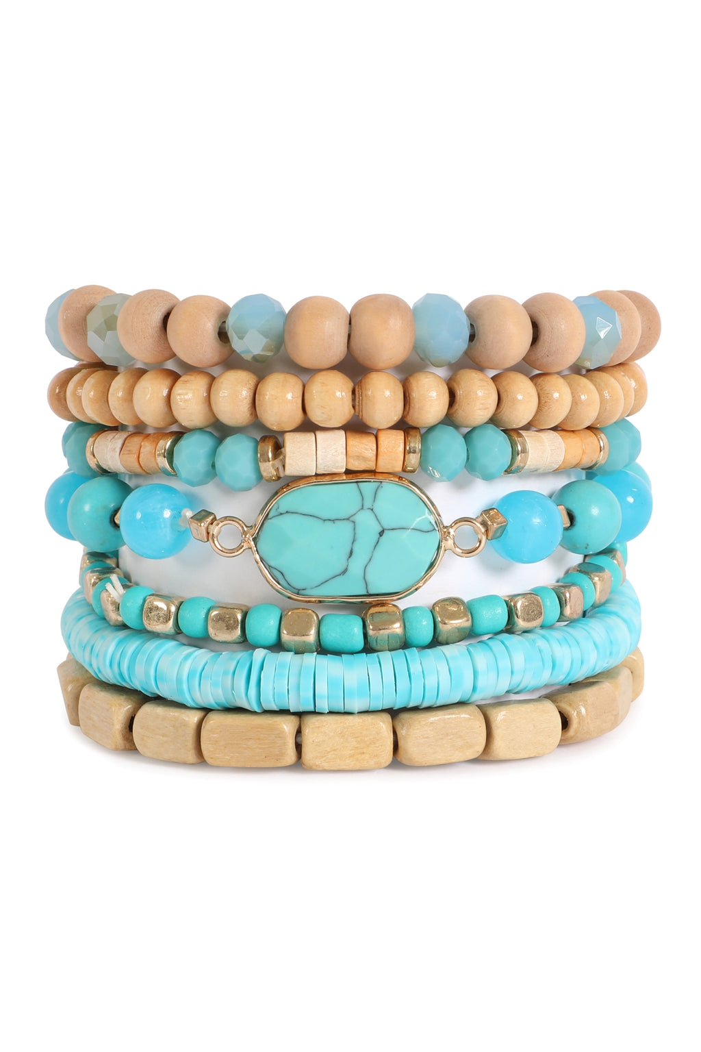 Charm Layered Wood, FIMO, Rondelle Mix Beads Stackable Bracelet Turquoise - Pack of 6