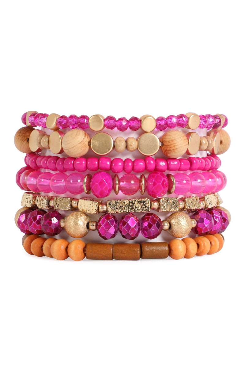 Charm Wooden Layered Mix Beads Stackable Bracelet Fuchsia - Pack of 6