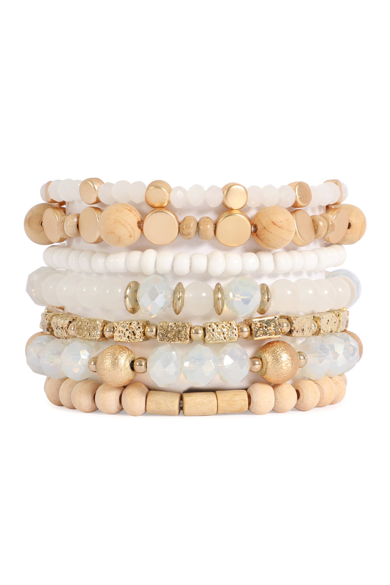 Charm Wooden Layered Mix Beads Stackable Bracelet Natural - Pack of 6