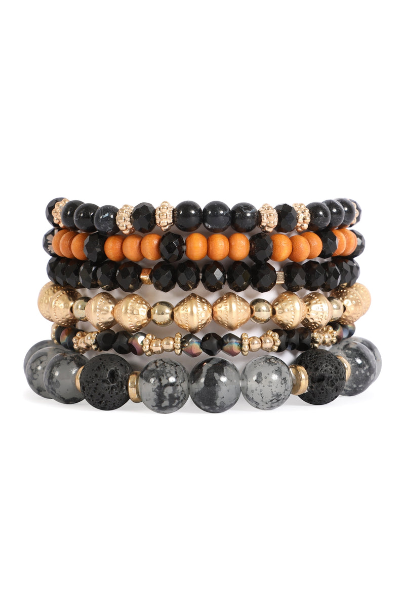 Charm Mix Beads Multilayer Stretch Bracelet Black - Pack of 6