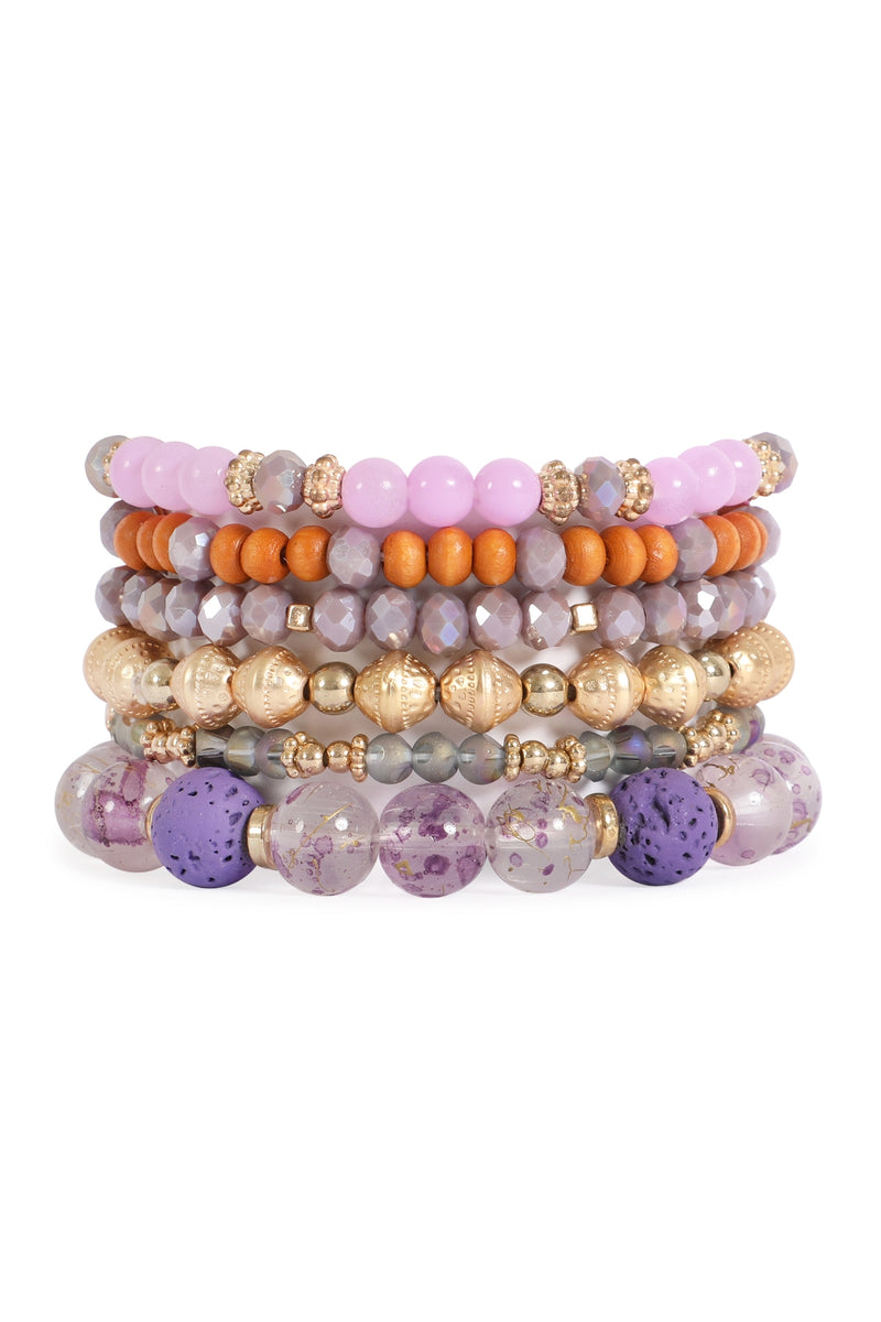 Charm Mix Beads Multilayer Stretch Bracelet Purple - Pack of 6