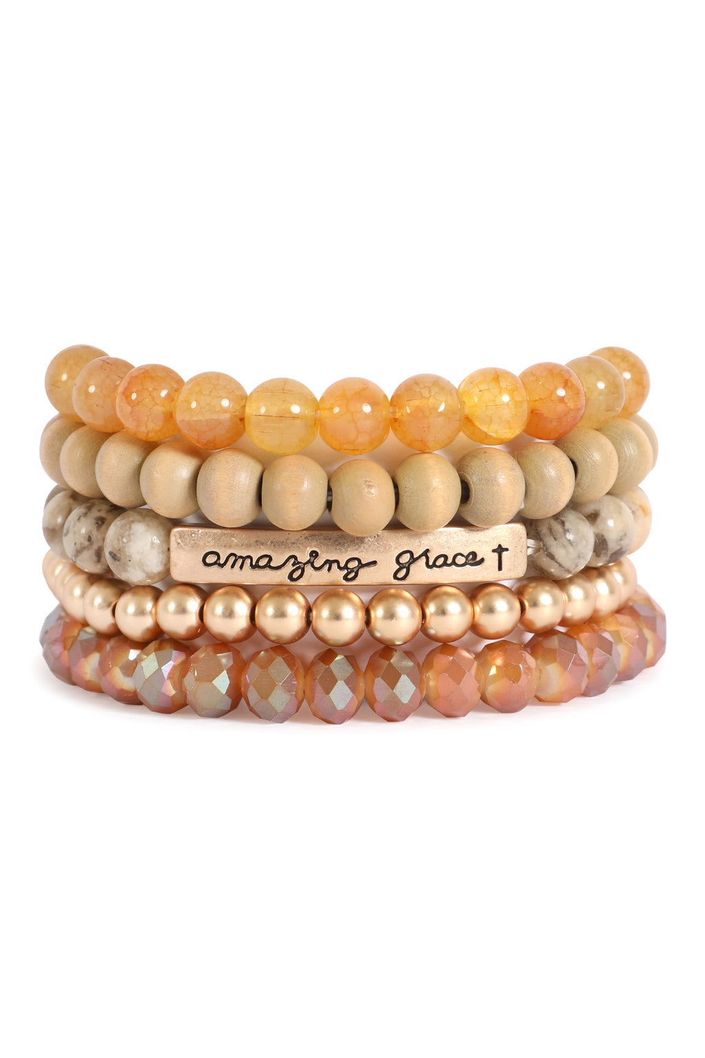 Amazing Grace Layered Wood, Natural Stone, CCB Rondelle Beads Stackable Bracelet  Brown - Pack of 6