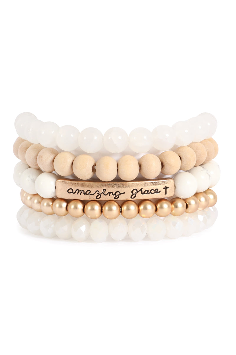 Amazing Grace Layered Wood, Natural Stone, CCB Rondelle Beads Stackable Bracelet  White - Pack of 6