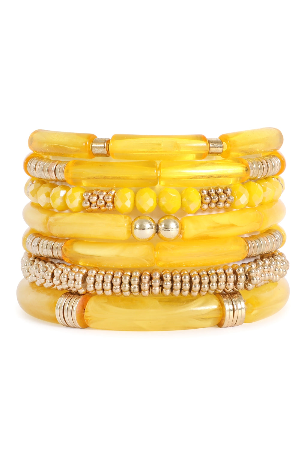 Mix Beads, Tubular, CCB, Rondelle Stretch Stackable Bracelet Yellow - Pack of 6