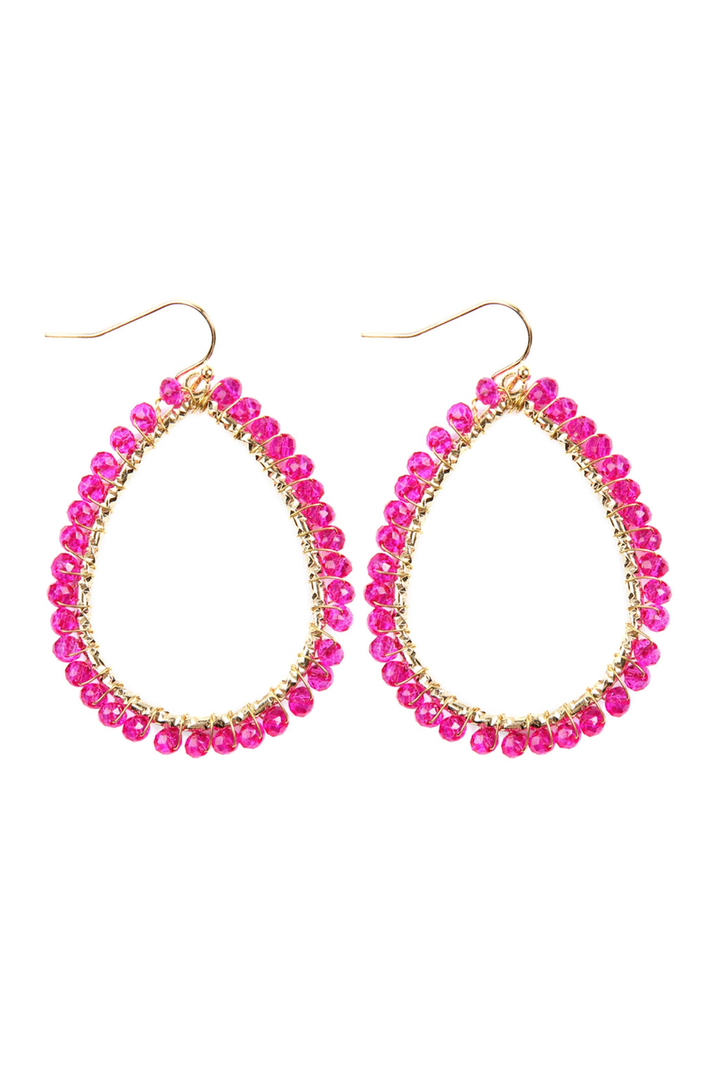 Fuchsia Wire Teardrop Glass Beads Hook Earrings - Pack of 6