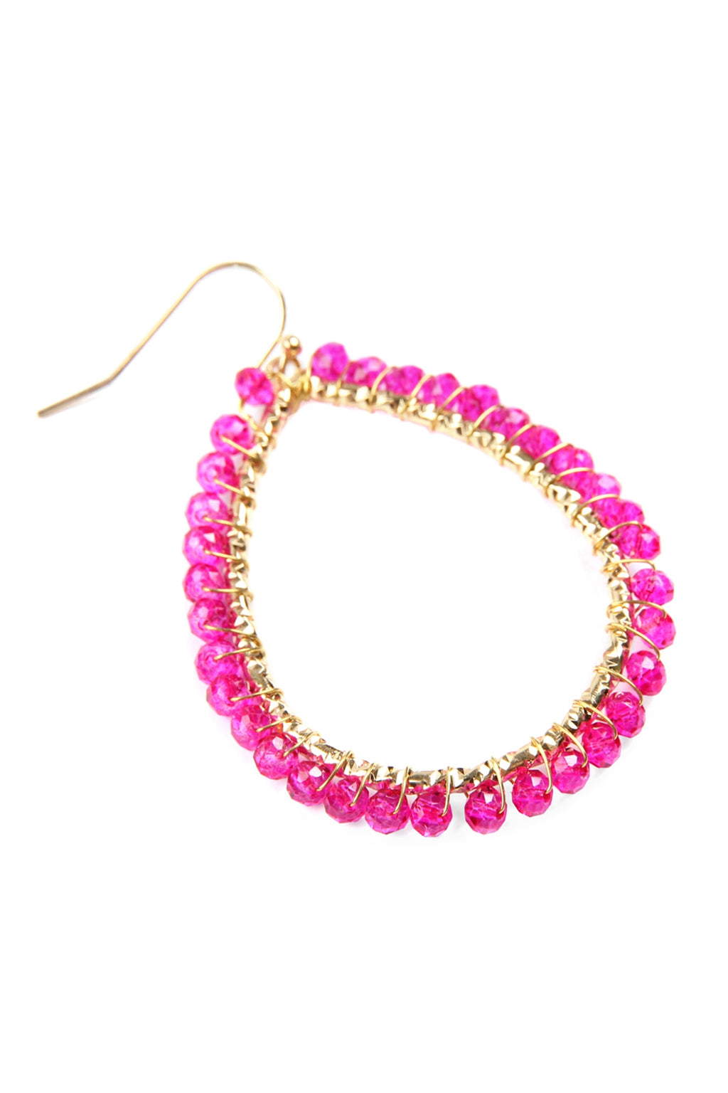 Fuchsia Wire Teardrop Glass Beads Hook Earrings - Pack of 6