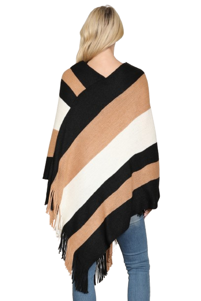 Beige Color Block Fringe Poncho - Pack of 6