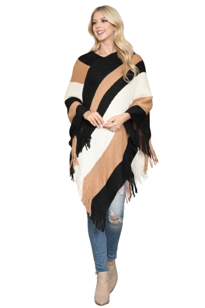 Beige Color Block Fringe Poncho - Pack of 6