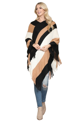 Black Color Block Fringe Poncho - Pack of 6