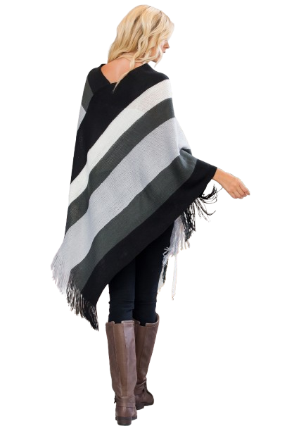 Black Color Block Fringe Poncho - Pack of 6