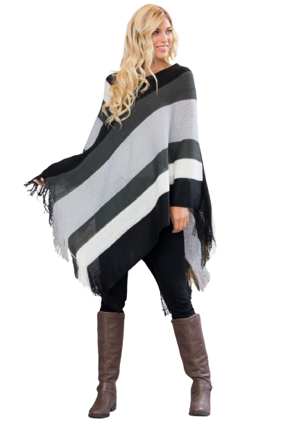 Black Color Block Fringe Poncho - Pack of 6