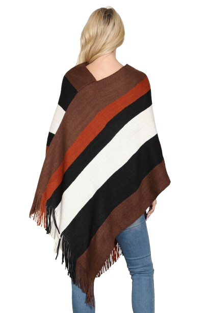 Brown Color Block Fringe Poncho - Pack of 6