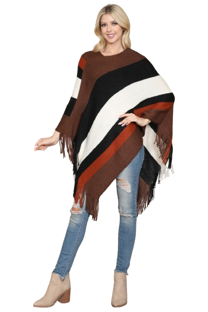 Brown Color Block Fringe Poncho - Pack of 6