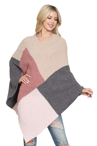 Knitted Geometric Square Multi Color Poncho Beige - Pack of 6