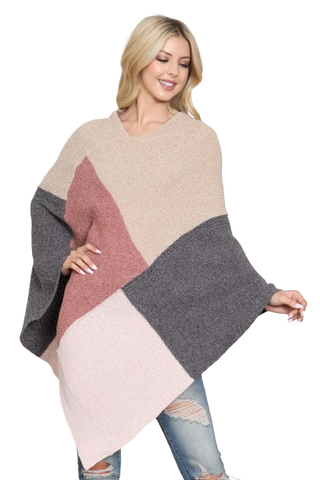 Knitted Geometric Square Multi Color Poncho Light Brown - Pack of 6