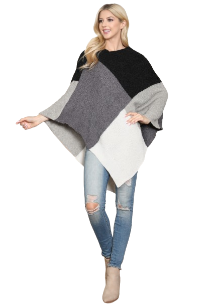 Knitted Geometric Square Multi Color Poncho Black Gray - Pack of 6