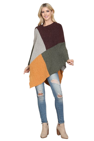 Knitted Geometric Square Multi Color Poncho Light Brown - Pack of 6