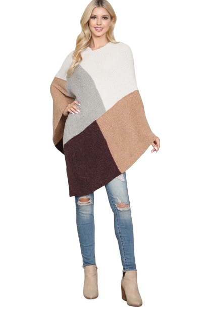 Knitted Geometric Square Multi Color Poncho Light Brown - Pack of 6